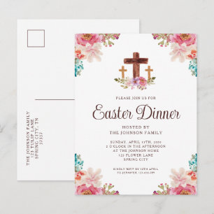 Elegant Floral Cross Easter Dinner Invitation Postcard