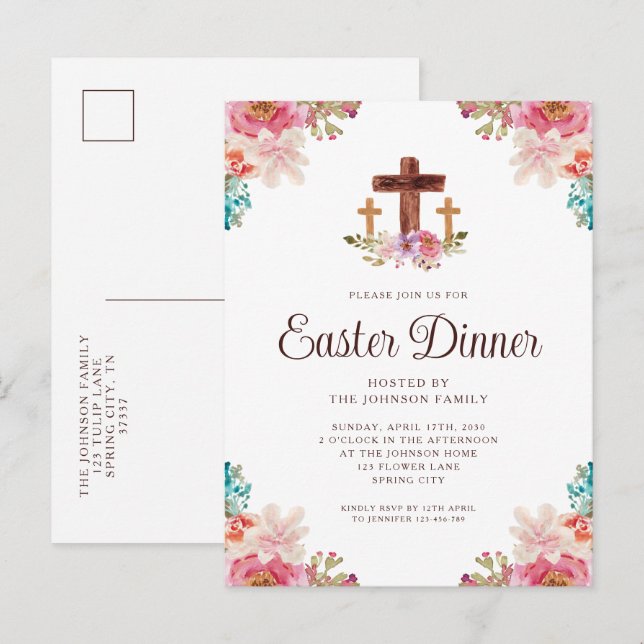 Elegant Floral Cross Easter Dinner  Invitation Postcard (Front/Back)