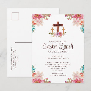 Elegant Floral Cross Easter Lunch Invitation Postcard