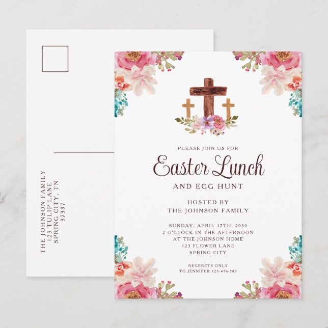Elegant Floral Cross Easter Lunch Invitation Postcard (Front/Back)