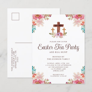 Elegant Floral Cross Easter Tea Party Invitation Postcard