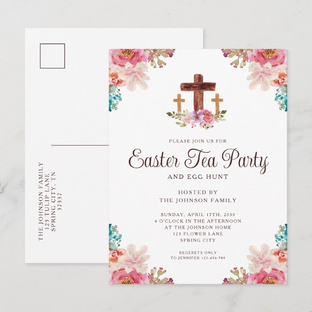 Elegant Floral Cross Easter Tea Party Invitation Postcard (Front/Back)