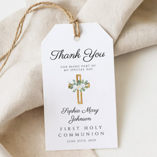 Elegant Floral Cross First Communion Thank You Gift Tags