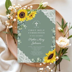 Elegant Floral Cross First Holy Communion Invitation