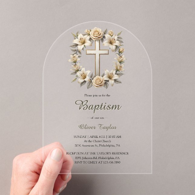 Elegant Floral Cross Gender Neutral Baptism  Acrylic Invitations (Insitu (Handheld))