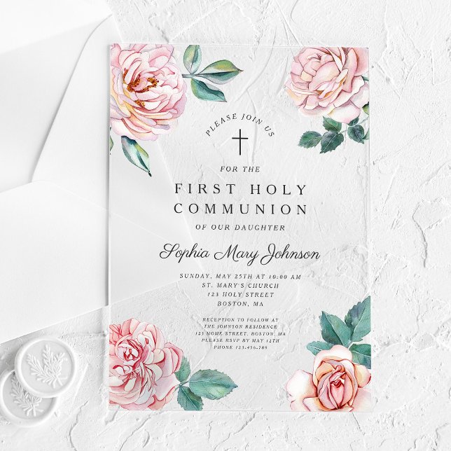 Elegant Floral Cross Girl First Communion Acrylic Invitations (Elegant Floral Cross Girl First Communion Acrylic Invitations)