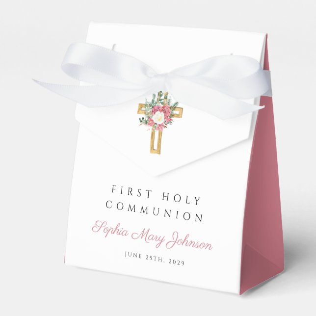 Elegant Floral Cross Girl First Communion Favour Box (Front Side)