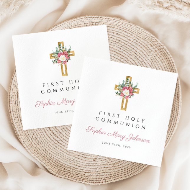 Elegant Floral Cross Girl First Communion Napkin (Elegant Floral Cross Girl First Communion Napkins)