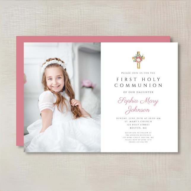 Elegant Floral Cross Girl First Communion Photo Invitation (Elegant Floral Cross Girl First Communion Photo Invitation)