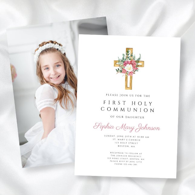 Elegant Floral Cross Girl First Communion Photo Invitation (Elegant Floral Cross Girl First Communion Photo Invitation)
