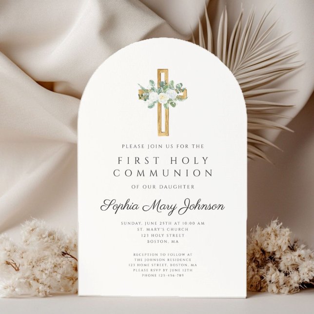 Elegant Floral Cross Girl First Holy Communion Invitation (Elegant Floral Cross Girl First Holy Communion Invitation)
