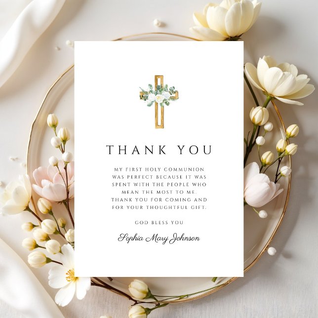 Elegant Floral Cross Girl First Holy Communion Thank You Card (Elegant Floral Cross Girl First Holy Communion Thank You Card)