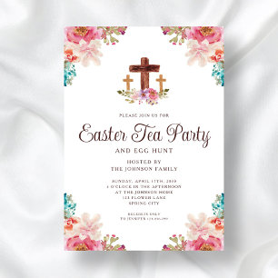 Elegant Floral Cross Tea Party Easter Invitation