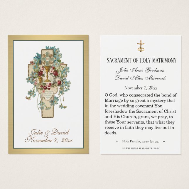 Elegant Floral Cross Wedding Holy Prayer Card (Front & Back)