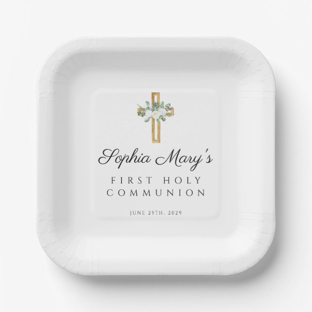 Elegant Floral Cross White First Communion Paper Plate (Front)