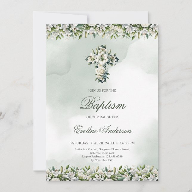 Elegant floral cross white lilies & roses Baptism Invitation (Front)