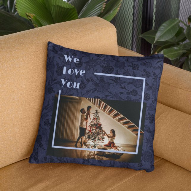 Elegant Floral Custom Family Photo Text Blue Cushion (Creator Uploaded)