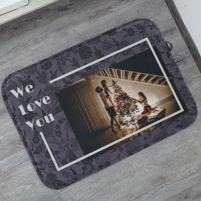 Elegant Floral Custom Family Photo Text Grey Bath Mat (Creator Uploaded)