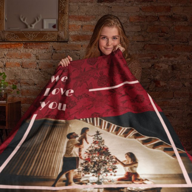 Elegant Floral Custom Family Photo Text Red Fleece Blanket (Creator Uploaded)