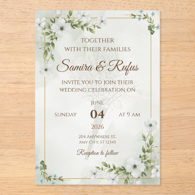 Elegant Floral - Customisable Rustic Boho Acrylic Invitations (Front)