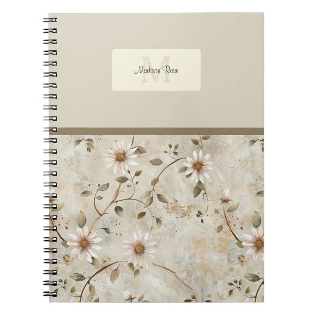 Elegant Floral Daisy Pattern Monogram  Notebook (Front)