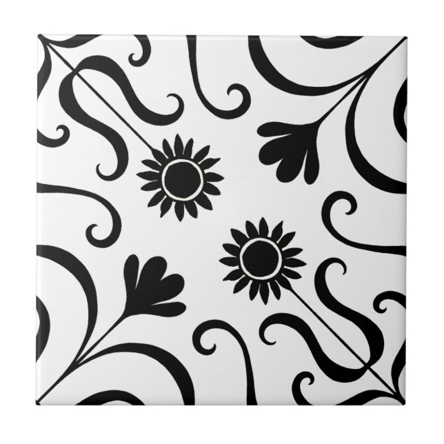    Elegant Floral Damask Black and White Sunflower Tile (Front)
