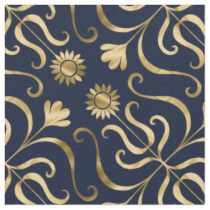 Elegant Floral Damask Navy Blue & Gold Sunflower Fabric