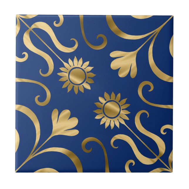   Elegant Floral Damask Navy Blue & Gold Sunflower Tile (Front)
