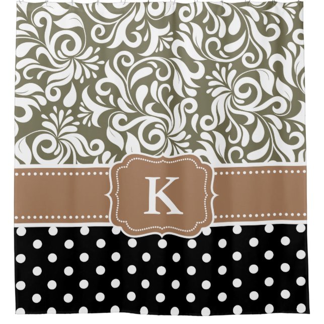 Elegant Floral Damask Polka Dots Tan Monogram Shower Curtain (Front)