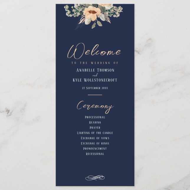 Elegant floral dark blue, Wedding program Programme (Front)