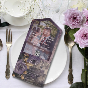 Elegant Floral Dark Plum Purple Rose Photo QR Code All In One Invitation