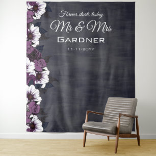 Elegant Floral Dark Purple Wedding Photo Backdrop  Tapestry