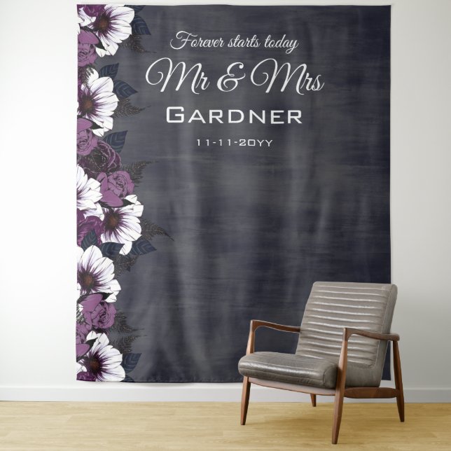Elegant Floral Dark Purple Wedding Photo Backdrop  Tapestry (In Situ)