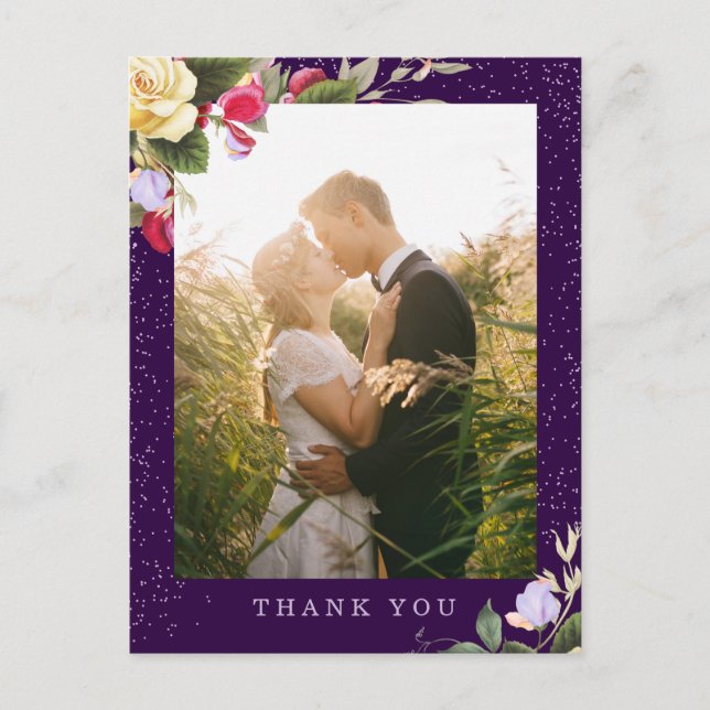 Elegant Floral Dark Purple Wedding Photo Thank You Postcard (Front)