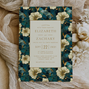 Elegant Floral Dark Teal Cream Gold Wedding Invitation