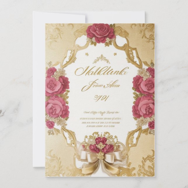 Elegant floral decoration frame gold foil wedding  invitation (Front)