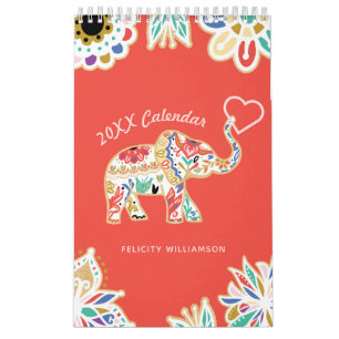 Elegant Floral Decorative Ornate Elephant Pattern Calendar