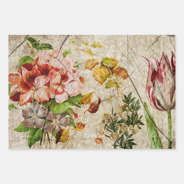 Elegant Floral Decoupage Wrapping Paper Sheet (Front)