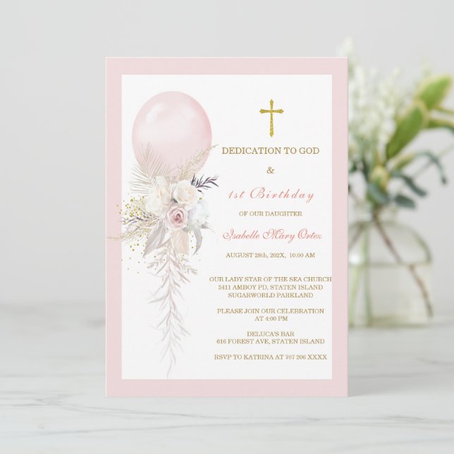 Elegant Floral Dedication and 1st Birthday Invitation (Standing Front)