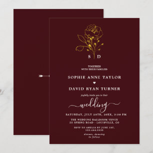 Elegant Floral Deep Burgundy Gold Monogram Wedding Invitation