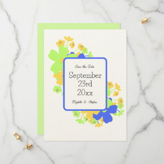 Elegant floral design in blue green yellow save the date