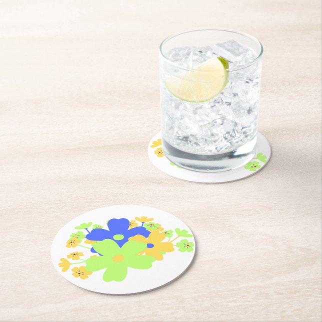 Elegant Floral Design in Blue Yellow Green Round Paper Coaster (Insitu)