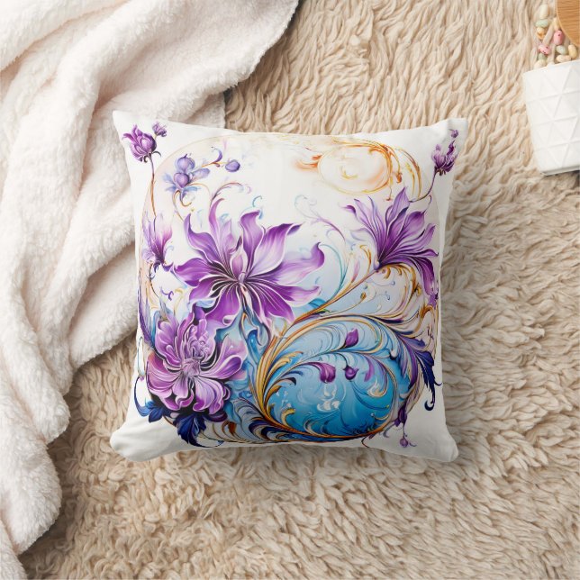 Elegant Floral Design With Purple and Blue Accents Cushion (Blanket)