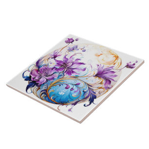 Elegant Floral Design With Purple and Blue Accents Tile