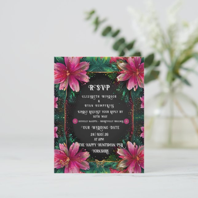Elegant floral design with vibrant colours RSVP card (Standing Front)