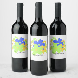 Elegant floral design yellow blue green wine label