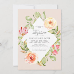 Elegant Floral Diamond Peach Baptism Invitation