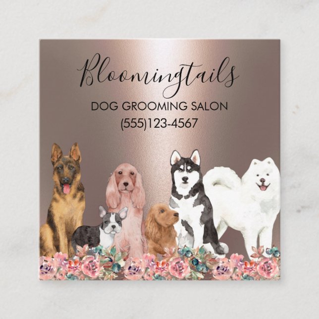 Elegant Floral Dog Grooming Pet Service Square Business Card (Front)