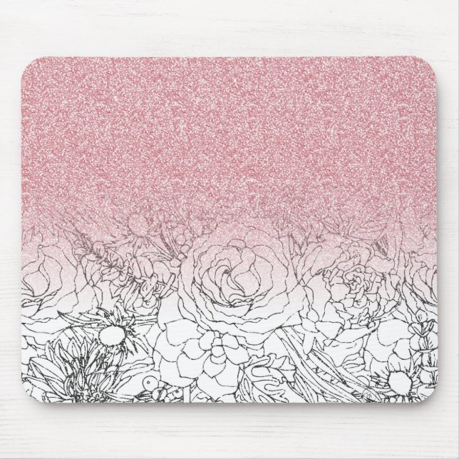 Elegant Floral Doodles Pink Gradient Glitter Image Mouse Mat (Front)