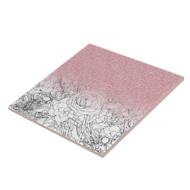 Elegant Floral Doodles Pink Gradient Glitter Image Tile (Side)